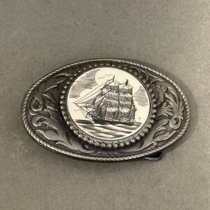 Vintage Admiral Scrimshaw Ship Belt Buckle Silver Tone Nautical Tall Ship Oval